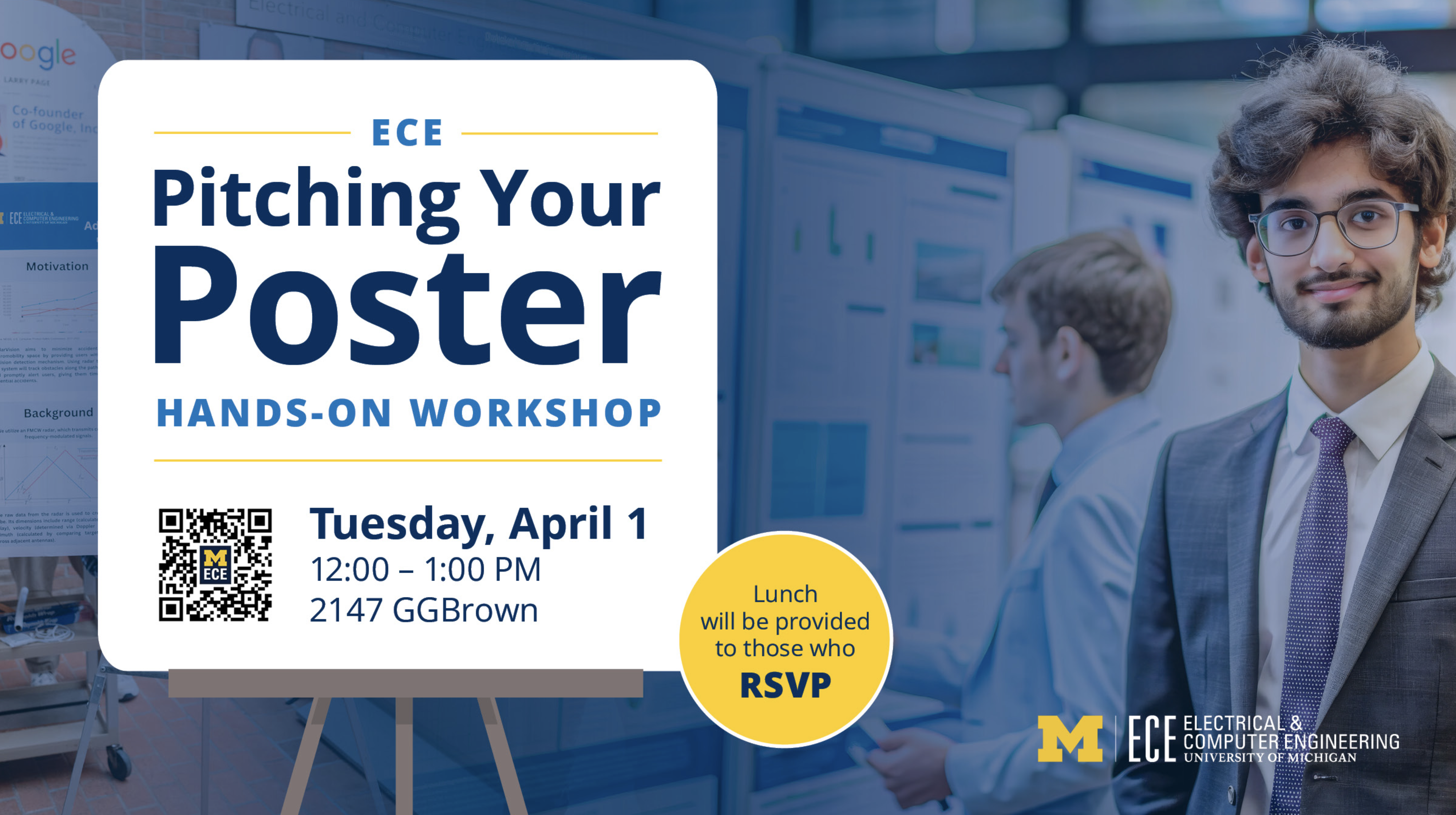 Student in a suit and tie at a poster session with a QR code to register for event