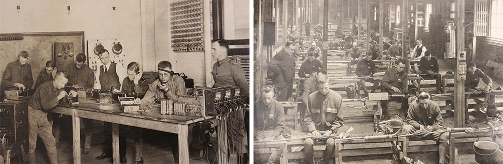 (L) A shop class in switchboard and instrument repair. (R) A shop class in cable construction