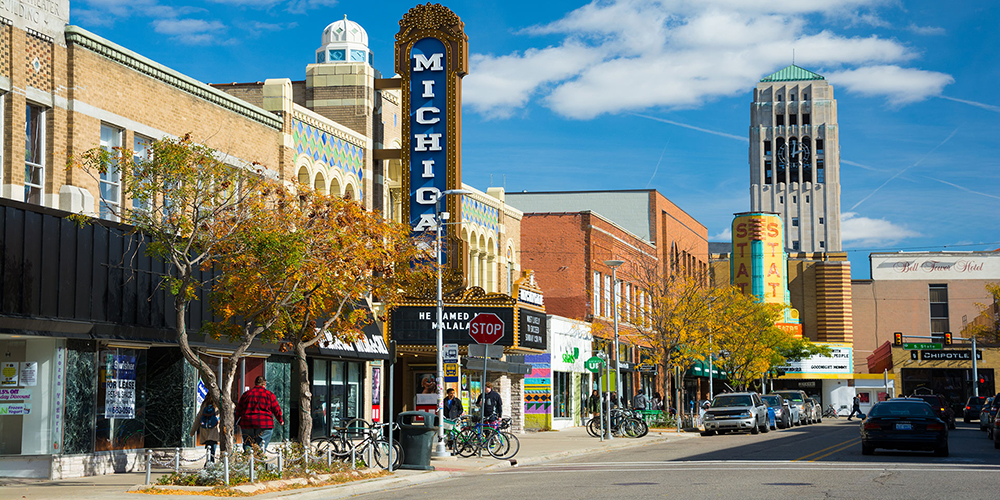 Ann Arbor Liberty Street with Michigan Theatre Marquee and Bell Tower on a summer day