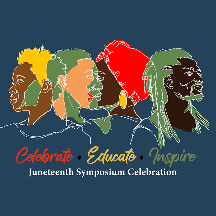 illustrated Juneteenth graphic with text: "Celebrate, Educate, Inspire"